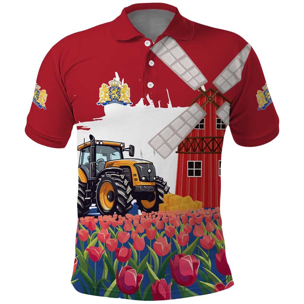 Netherlands Farm Landscape Polo Shirt with Tractor and Tulips TS04