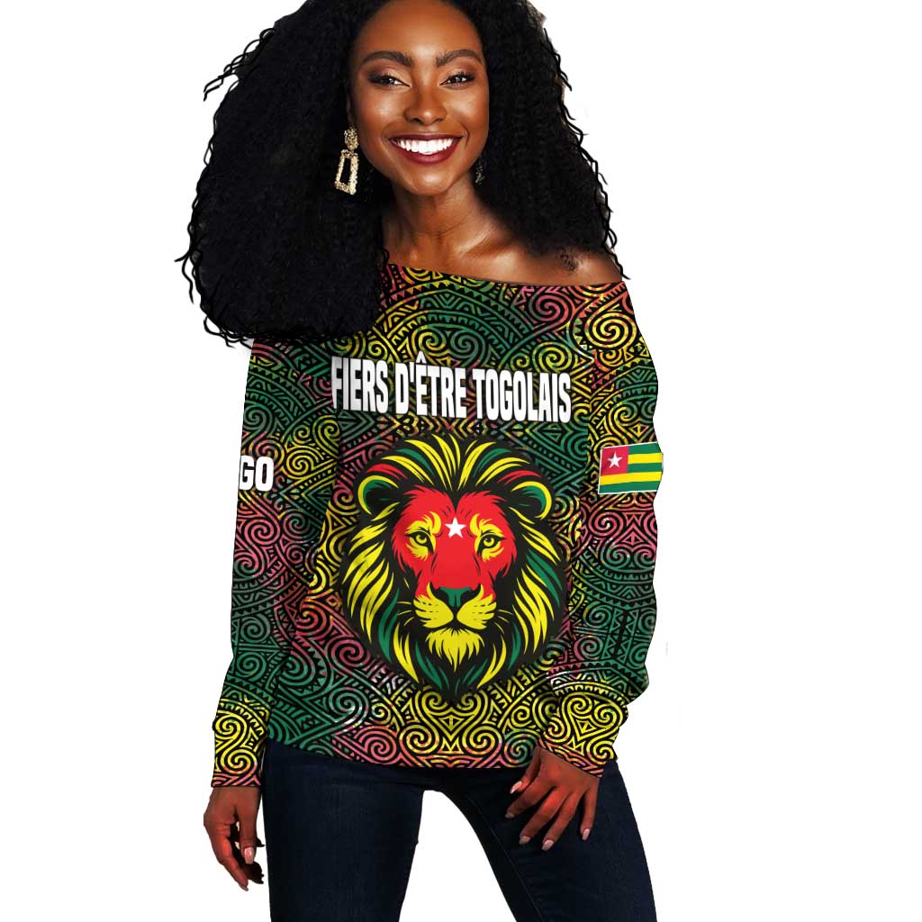 Togo Off Shoulder Sweater Red Lion Head Design and Traditional African Pattern TS04