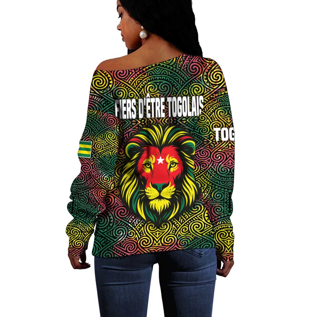Togo Off Shoulder Sweater Red Lion Head Design and Traditional African Pattern TS04