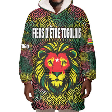Togo Wearable Blanket Hoodie Red Lion Head Design and Traditional African Pattern TS04