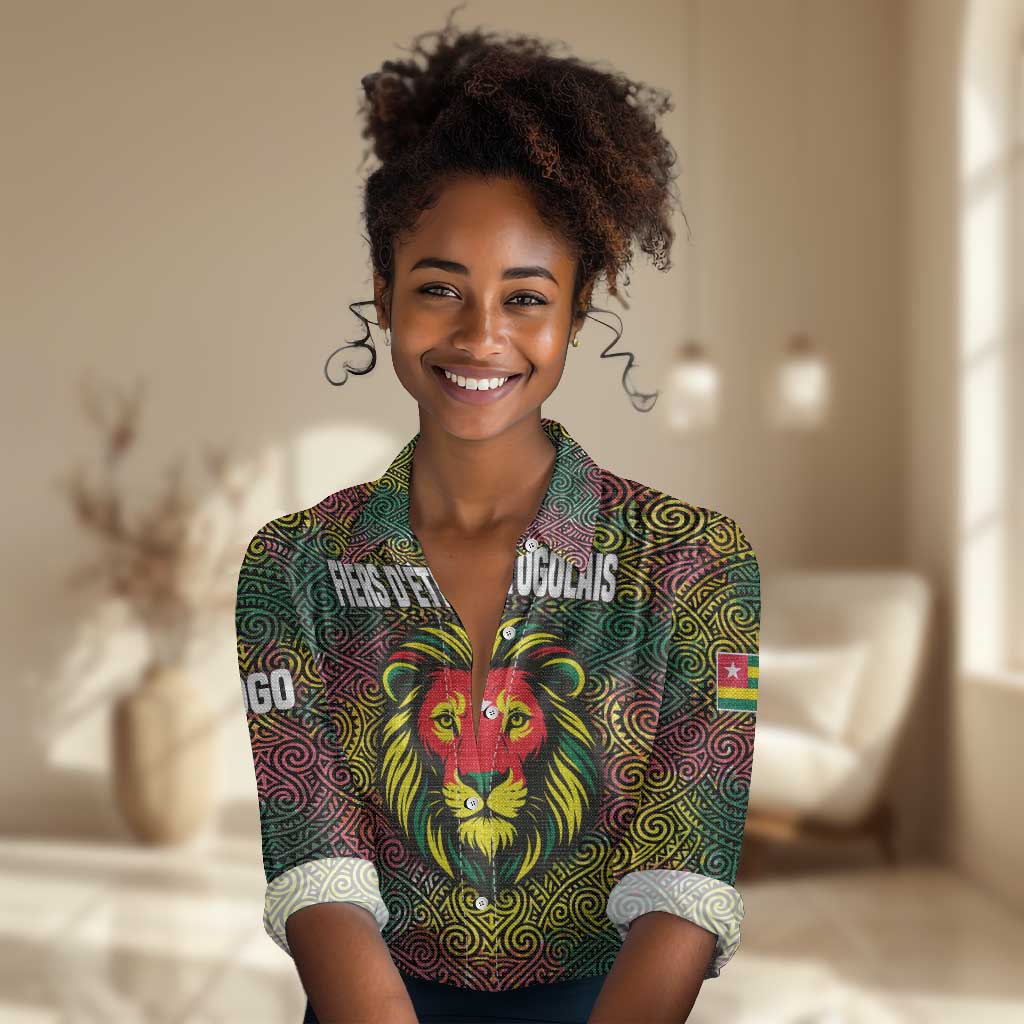 Togo Women Casual Shirt Red Lion Head Design and Traditional African Pattern TS04
