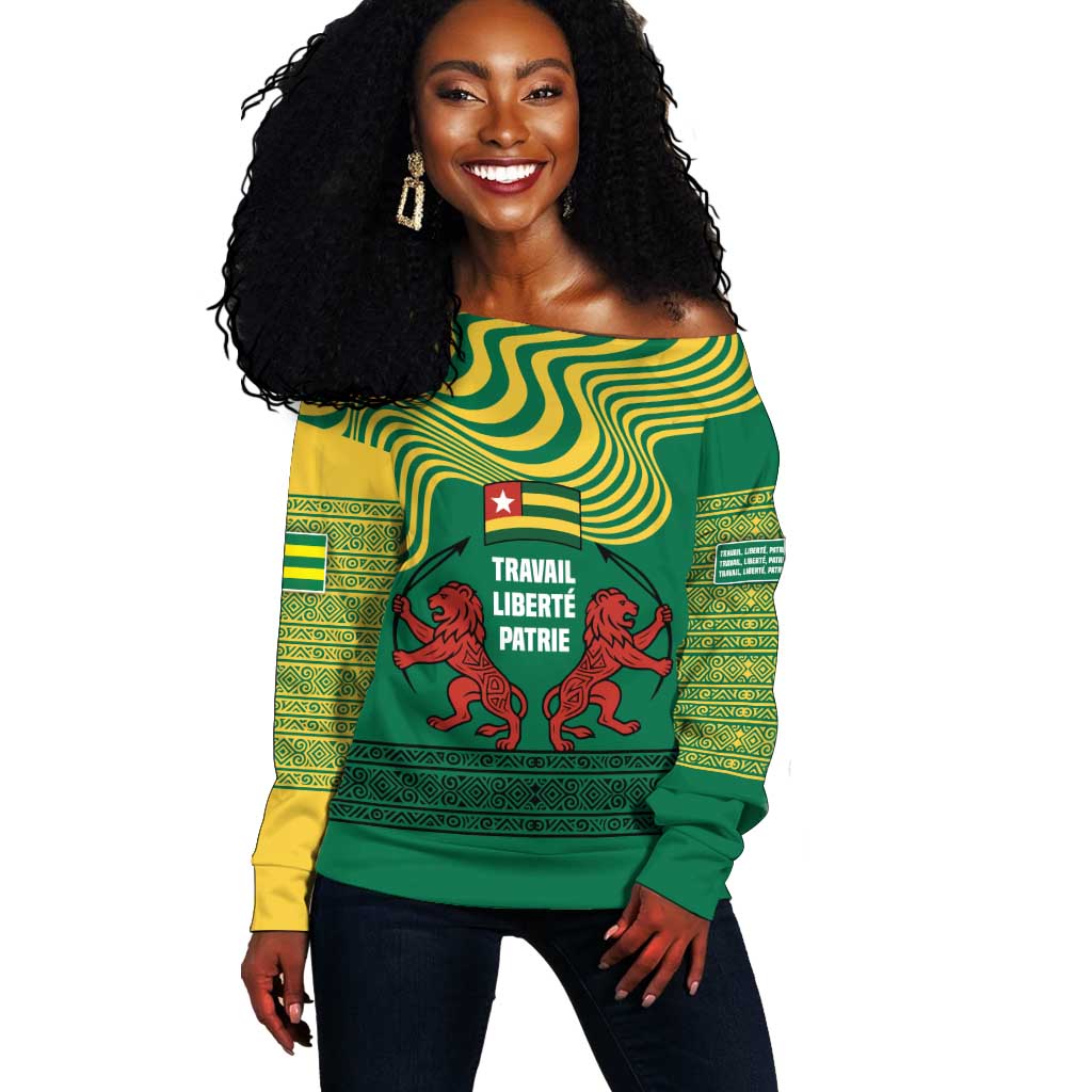 Togo Off Shoulder Sweater - Red Twin Lions and Travail Liberté Patrie Slogan TS04