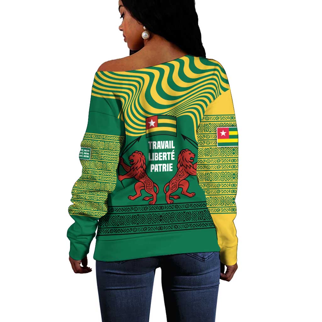 Togo Off Shoulder Sweater - Red Twin Lions and Travail Liberté Patrie Slogan TS04