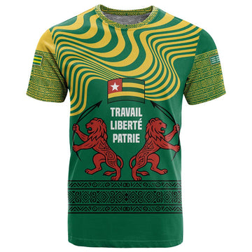 Togo T shirt - Red Twin Lions and Travail Liberté Patrie Slogan TS04