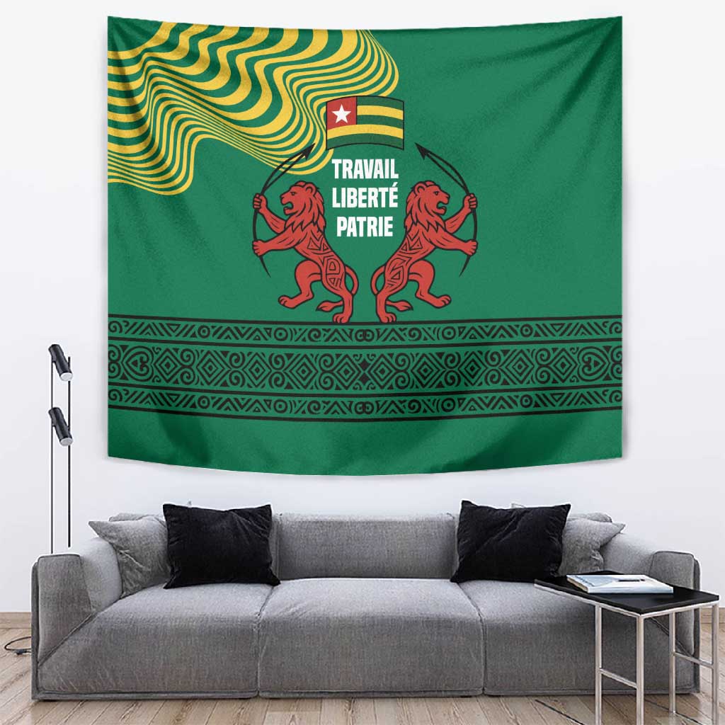 Togo Tapestry - Red Twin Lions and Travail Liberté Patrie Slogan TS04