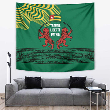 Togo Tapestry - Red Twin Lions and Travail Liberté Patrie Slogan TS04
