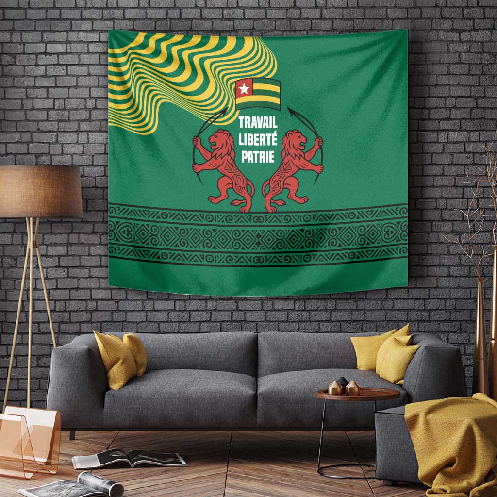 Togo Tapestry - Red Twin Lions and Travail Liberté Patrie Slogan TS04