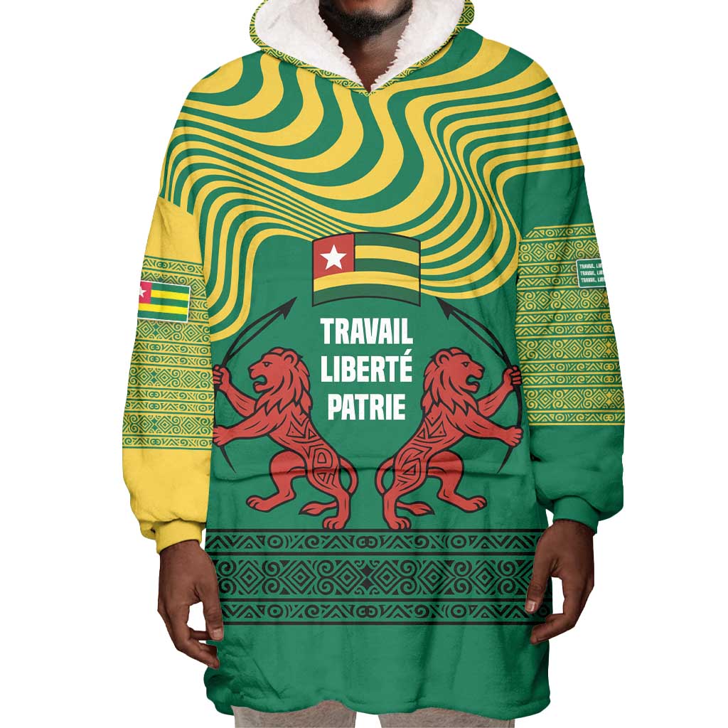 Togo Wearable Blanket Hoodie - Red Twin Lions and Travail Liberté Patrie Slogan TS04