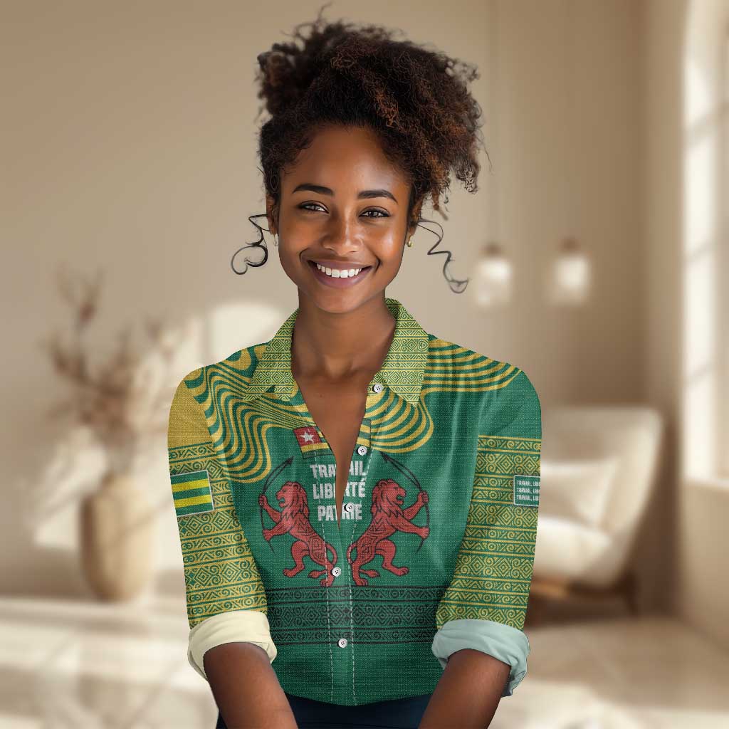 Togo Women Casual Shirt - Red Twin Lions and Travail Liberté Patrie Slogan TS04