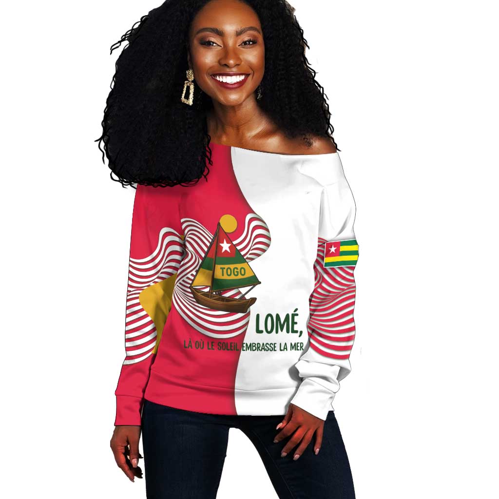 Lome Togo Off Shoulder Sweater - Sailboat and Sunset  Where the Sun Kisses the Sea TS04