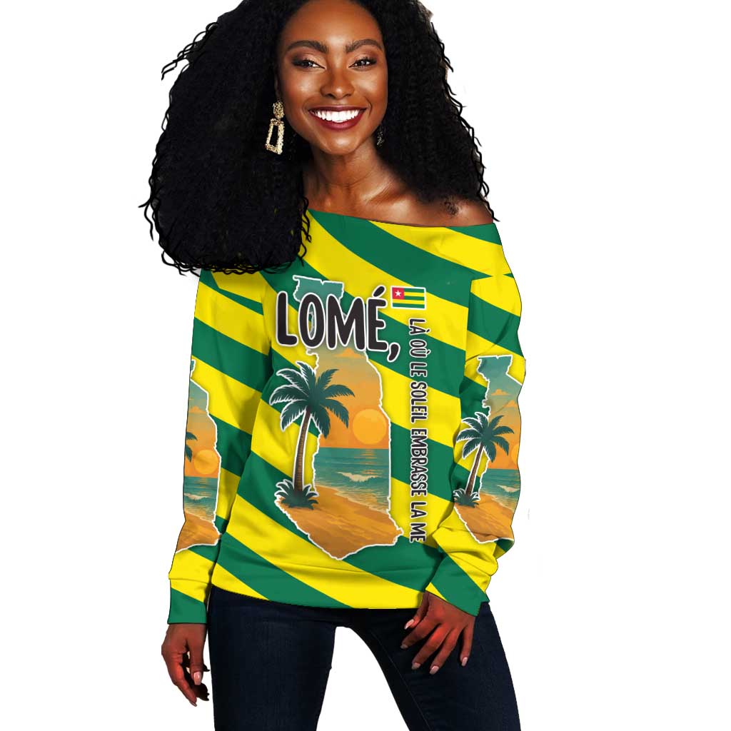 Lome Togo Sunset Off Shoulder Sweater - Palm Trees and Ocean Embrace Design TS04