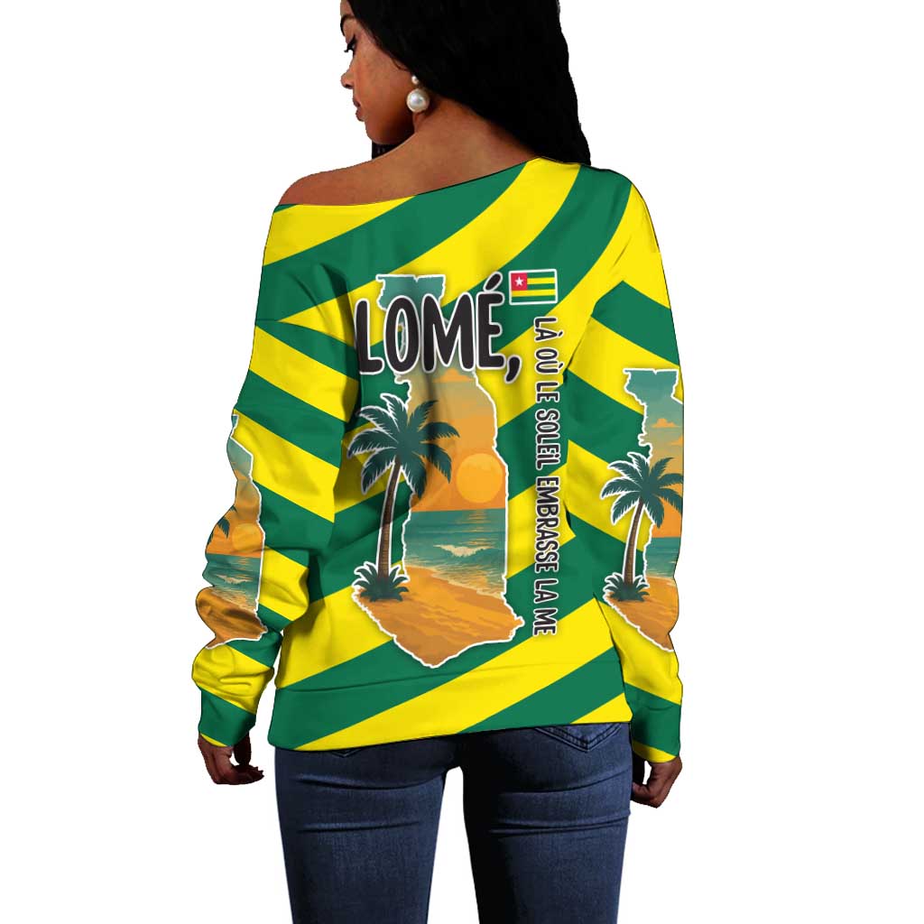 Lome Togo Sunset Off Shoulder Sweater - Palm Trees and Ocean Embrace Design TS04