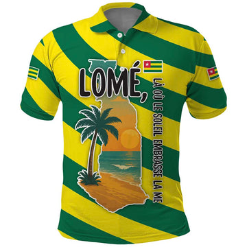 Lome Togo Sunset Polo Shirt with Palm Trees and Ocean Embrace Design TS04