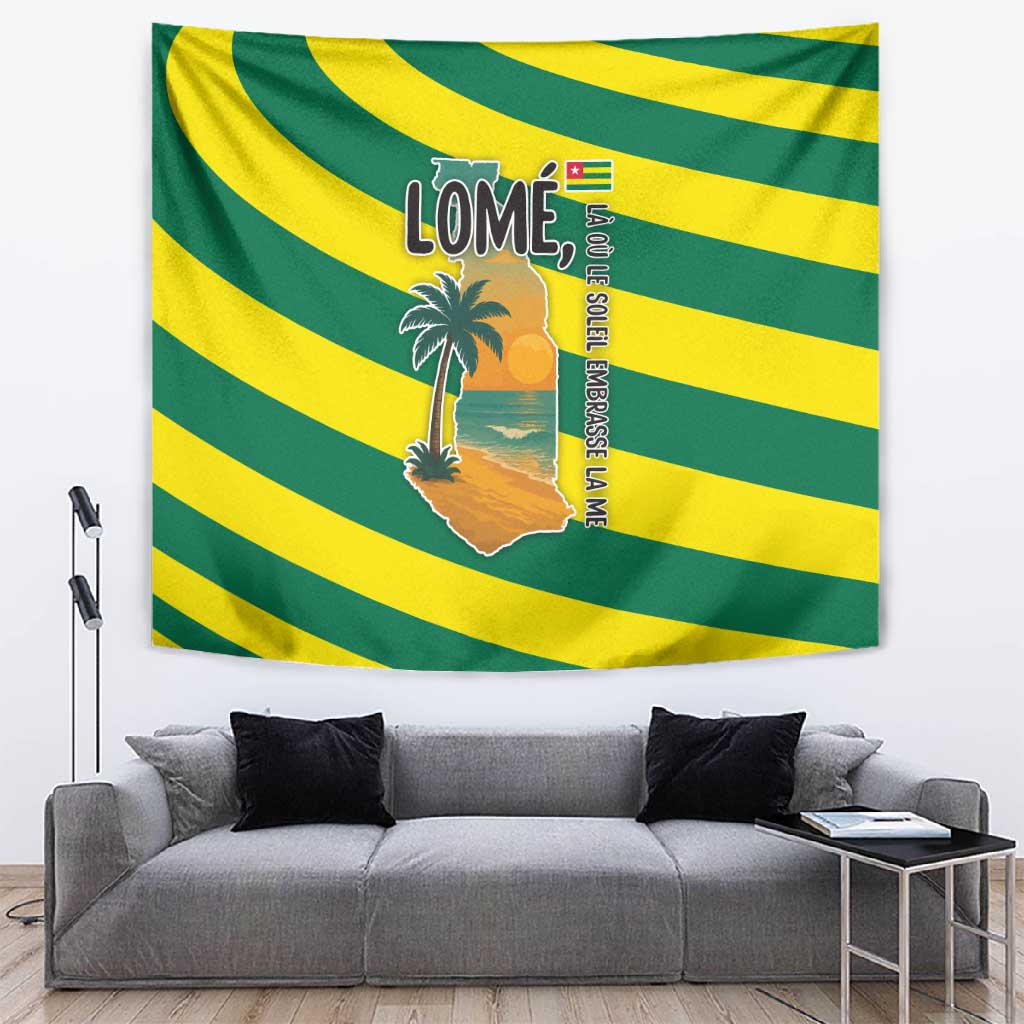 Lome Togo Sunset Tapestry - Palm Trees and Ocean Embrace Design TS04