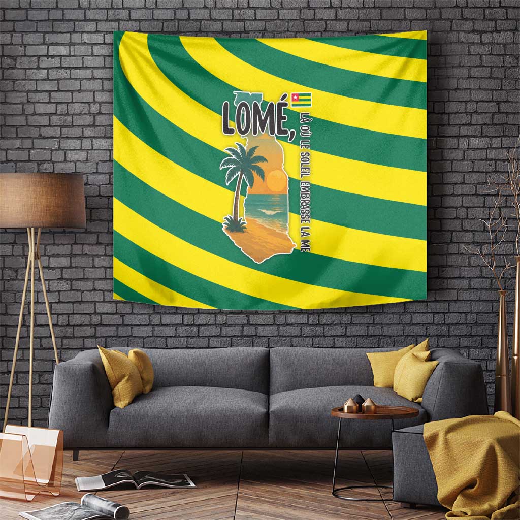 Lome Togo Sunset Tapestry - Palm Trees and Ocean Embrace Design TS04