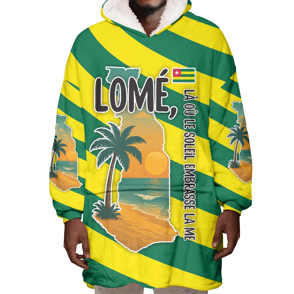 Lome Togo Sunset Wearable Blanket Hoodie - Palm Trees and Ocean Embrace Design TS04