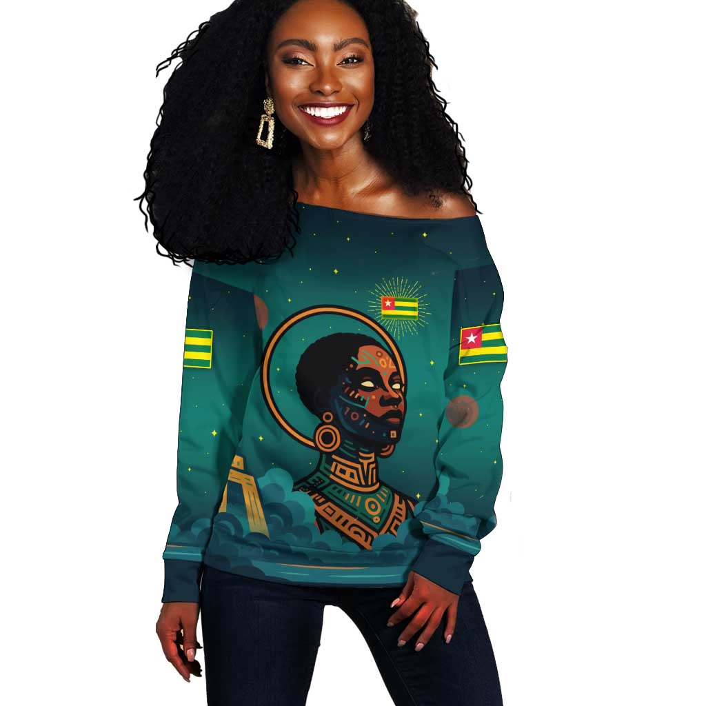 Togo Futuristic Afrocentric Woman Off Shoulder Sweater with Flag and Stars Design TS04