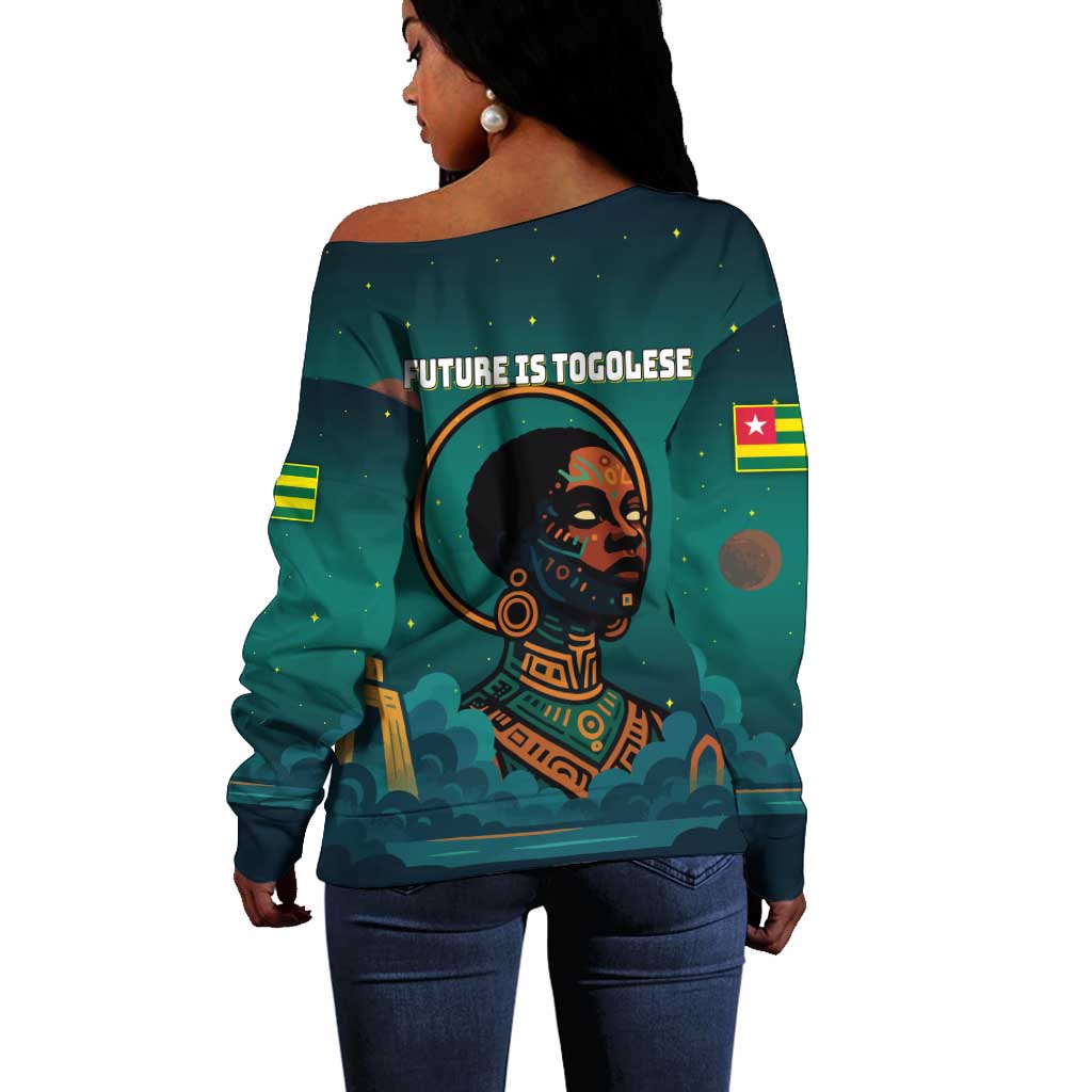 Togo Futuristic Afrocentric Woman Off Shoulder Sweater with Flag and Stars Design TS04