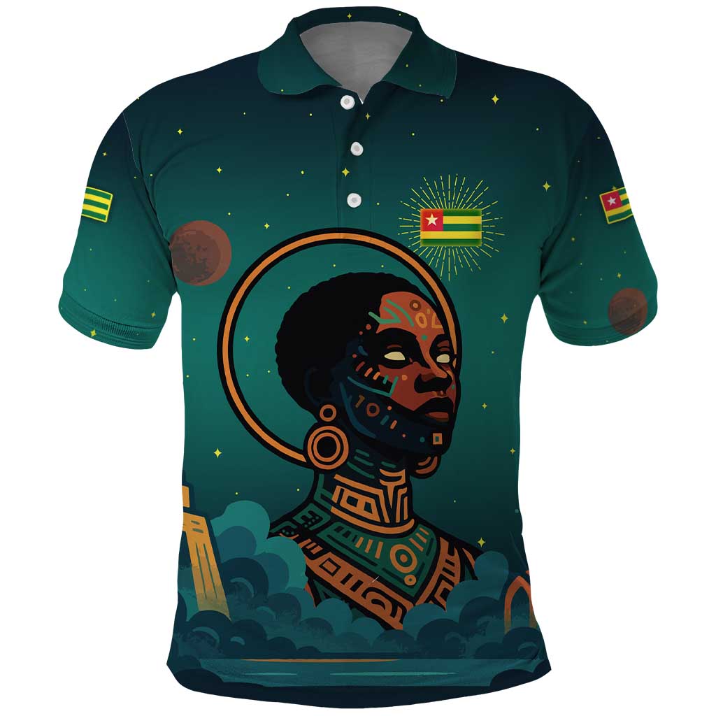 Togo Futuristic Afrocentric Woman Polo Shirt with Flag and Stars Design TS04