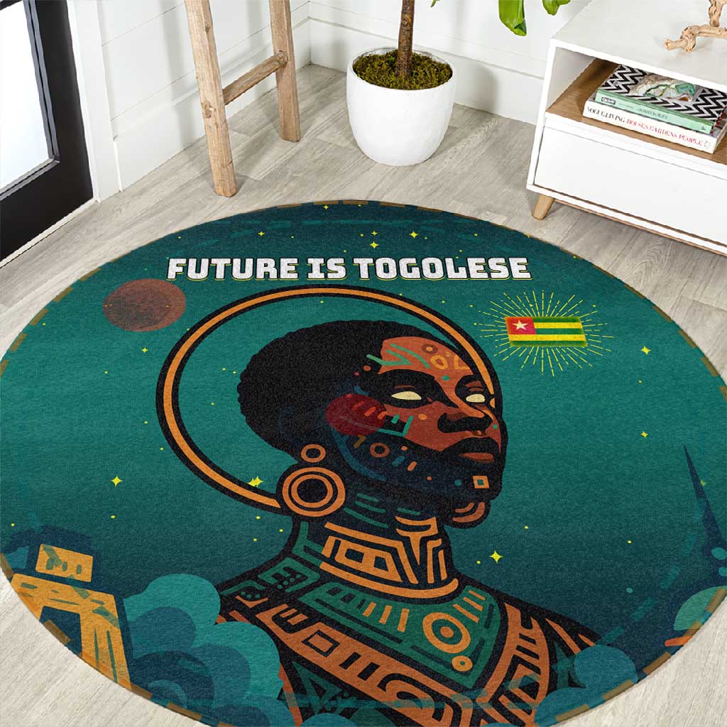 Togo Futuristic Afrocentric Woman Round Carpet with Flag and Stars Design TS04