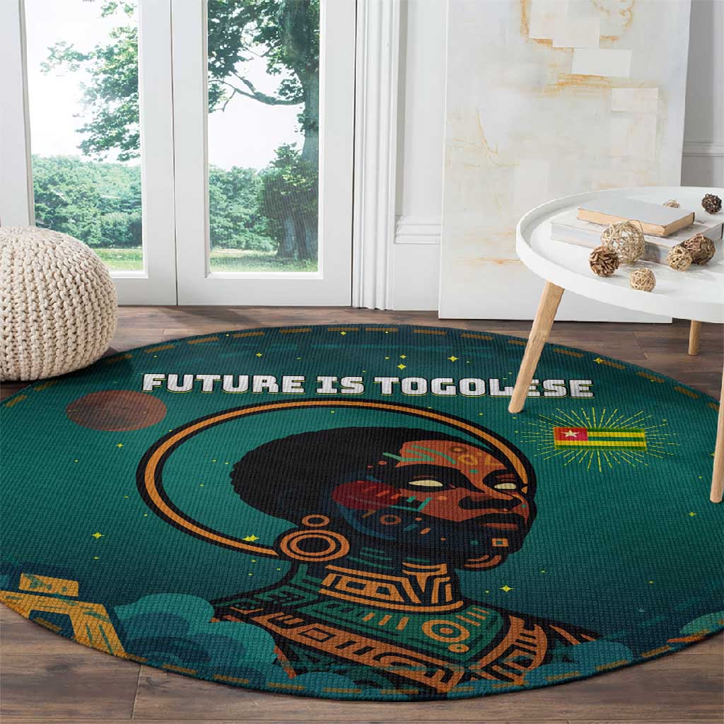 Togo Futuristic Afrocentric Woman Round Carpet with Flag and Stars Design TS04