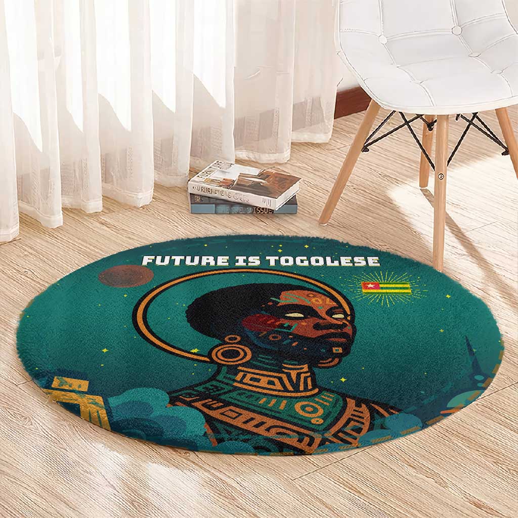 Togo Futuristic Afrocentric Woman Round Carpet with Flag and Stars Design TS04