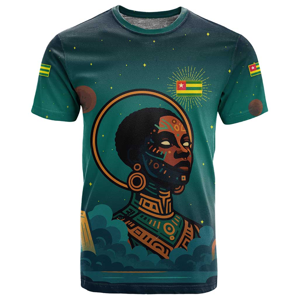 Togo Futuristic Afrocentric Woman T shirt with Flag and Stars Design TS04