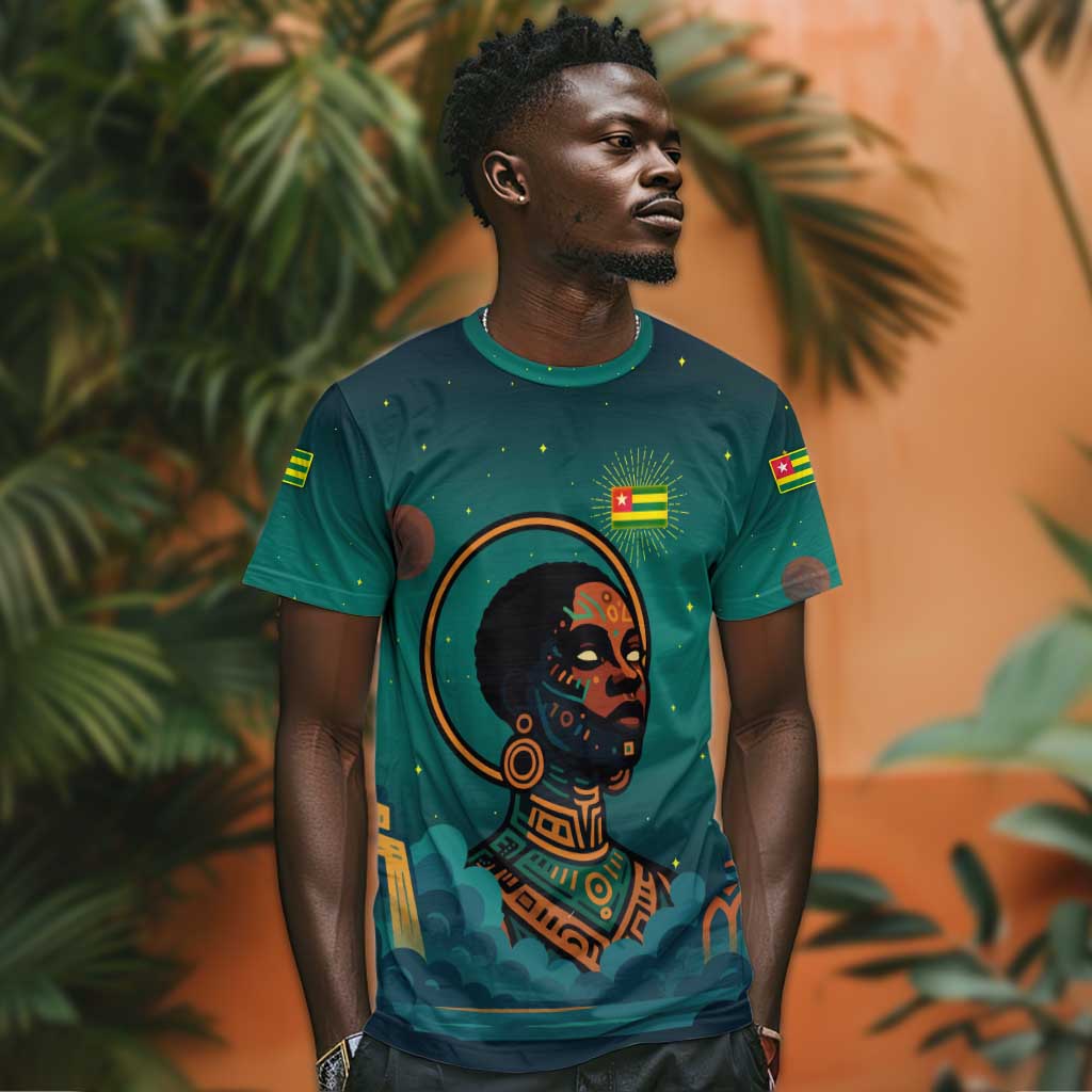 Togo Futuristic Afrocentric Woman T shirt with Flag and Stars Design TS04