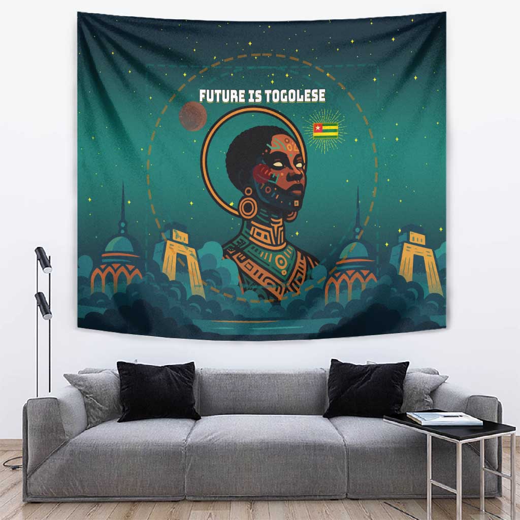 Togo Futuristic Afrocentric Woman Tapestry with Flag and Stars Design TS04