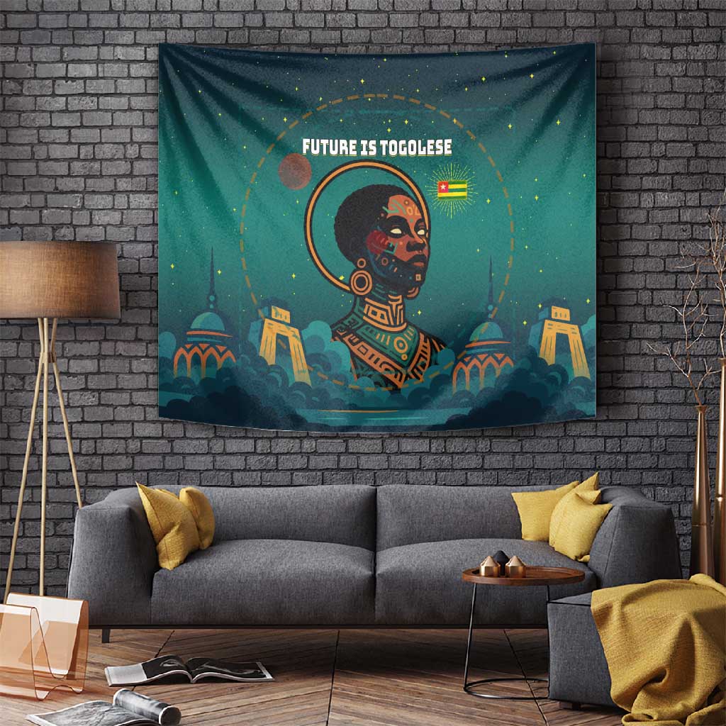 Togo Futuristic Afrocentric Woman Tapestry with Flag and Stars Design TS04