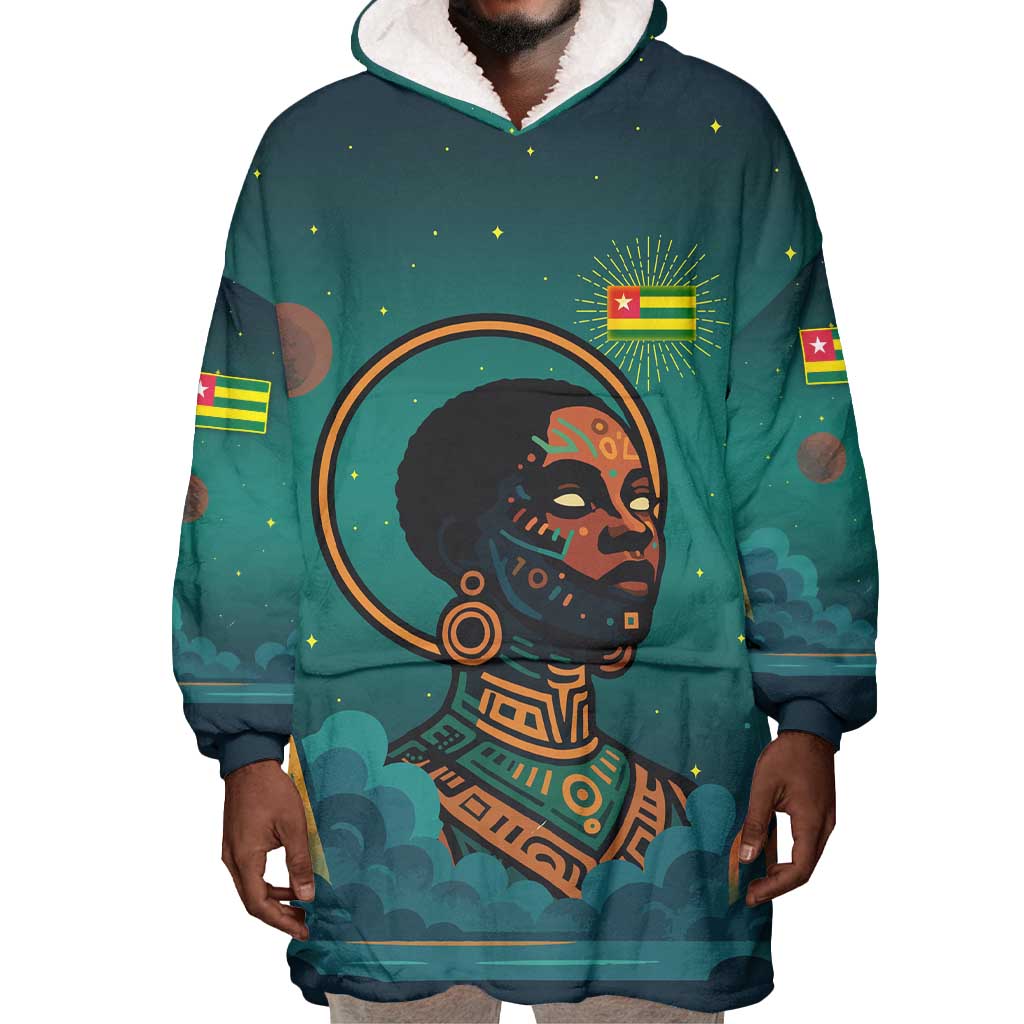 Togo Futuristic Afrocentric Woman Wearable Blanket Hoodie with Flag and Stars Design TS04