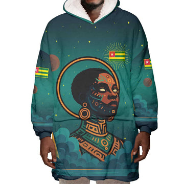 Togo Futuristic Afrocentric Woman Wearable Blanket Hoodie with Flag and Stars Design TS04