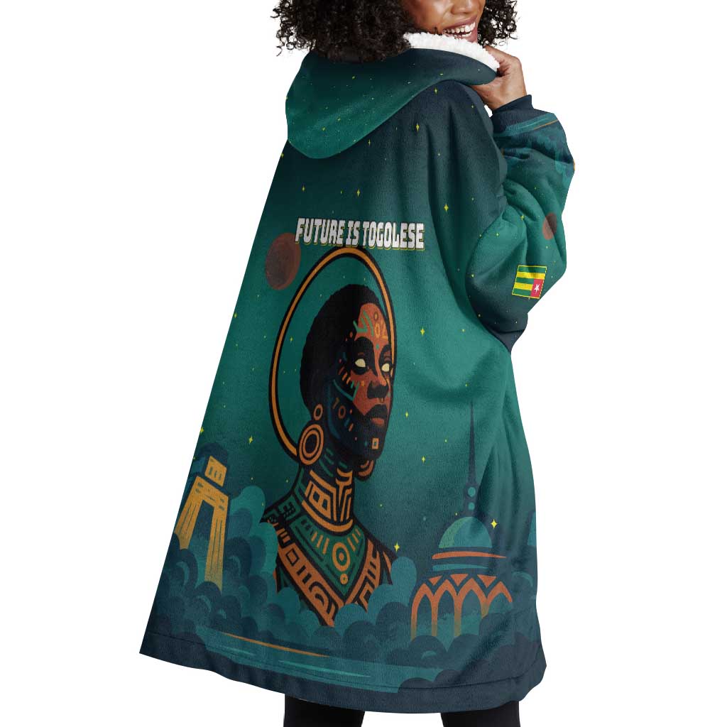 Togo Futuristic Afrocentric Woman Wearable Blanket Hoodie with Flag and Stars Design TS04