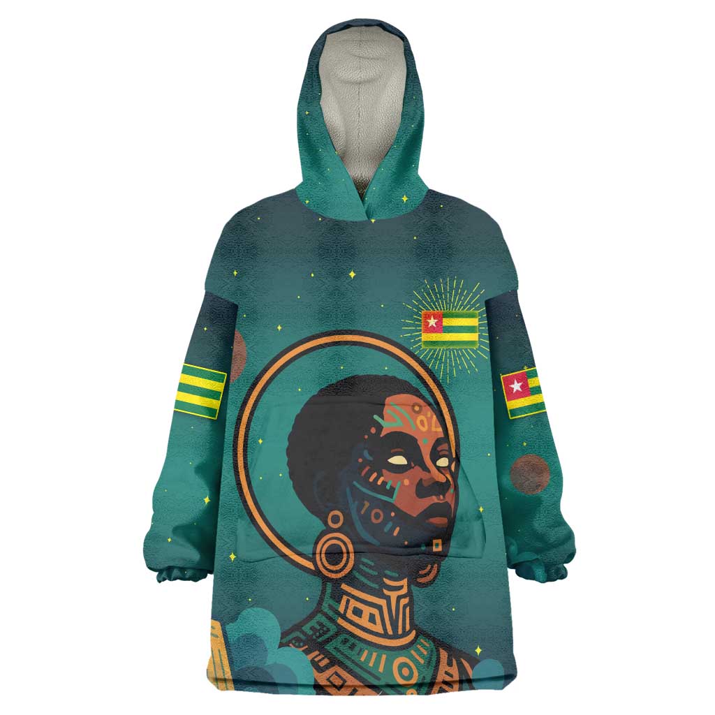 Togo Futuristic Afrocentric Woman Wearable Blanket Hoodie with Flag and Stars Design TS04
