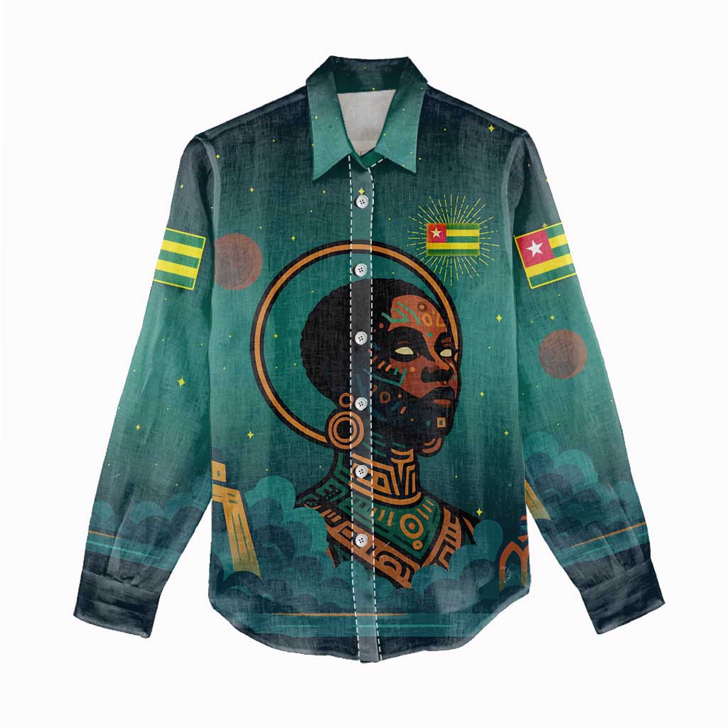 Togo Futuristic Afrocentric Woman Women Casual Shirt with Flag and Stars Design TS04