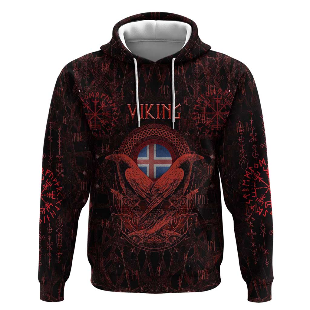 Iceland Vikings Hoodie Norse Runes with Raven and Longship Design Featuring National Flag TS04