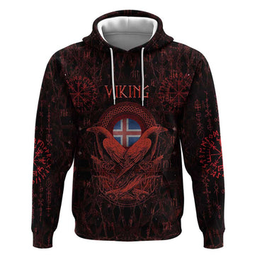 Iceland Vikings Hoodie Norse Runes with Raven and Longship Design Featuring National Flag TS04