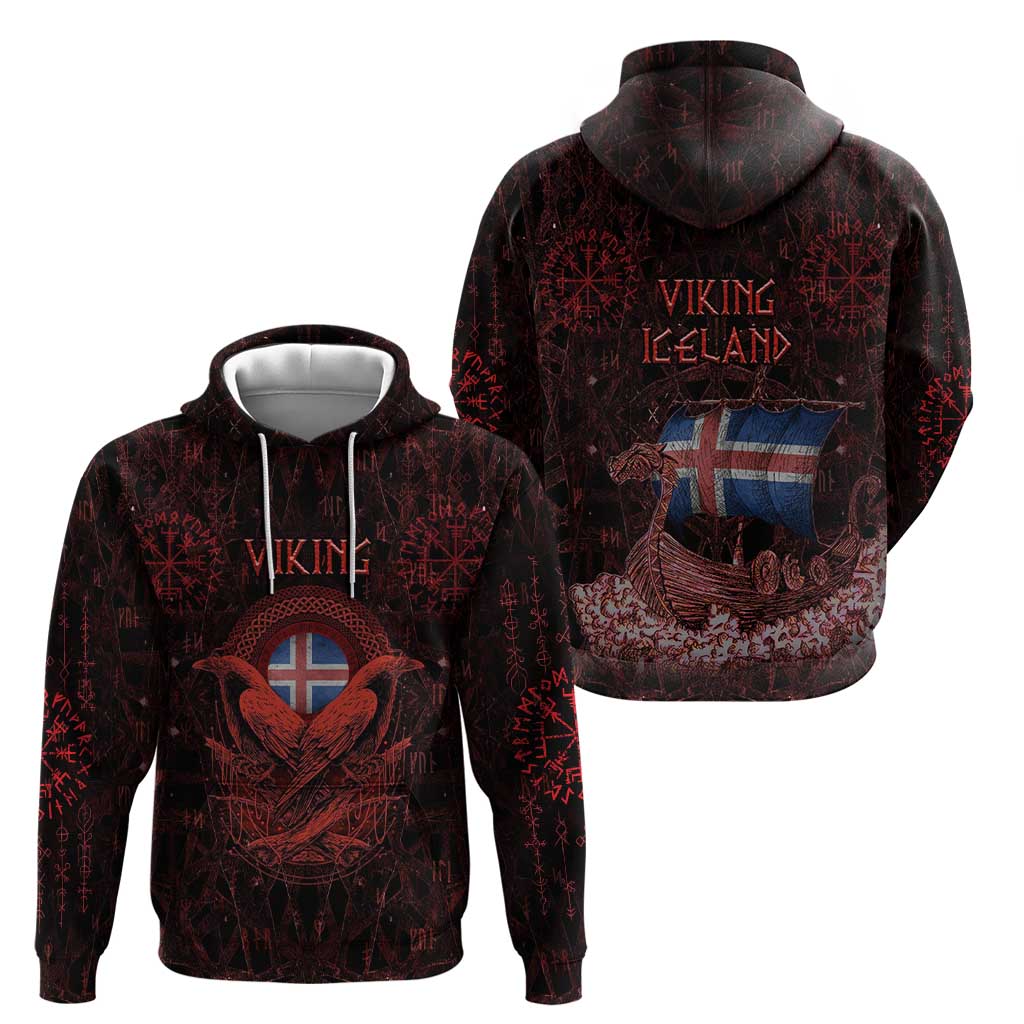 Iceland Vikings Hoodie Norse Runes with Raven and Longship Design Featuring National Flag TS04