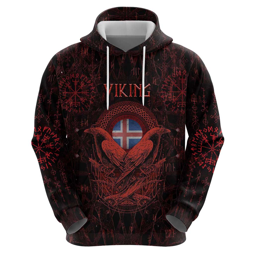 Iceland Vikings Hoodie Norse Runes with Raven and Longship Design Featuring National Flag TS04
