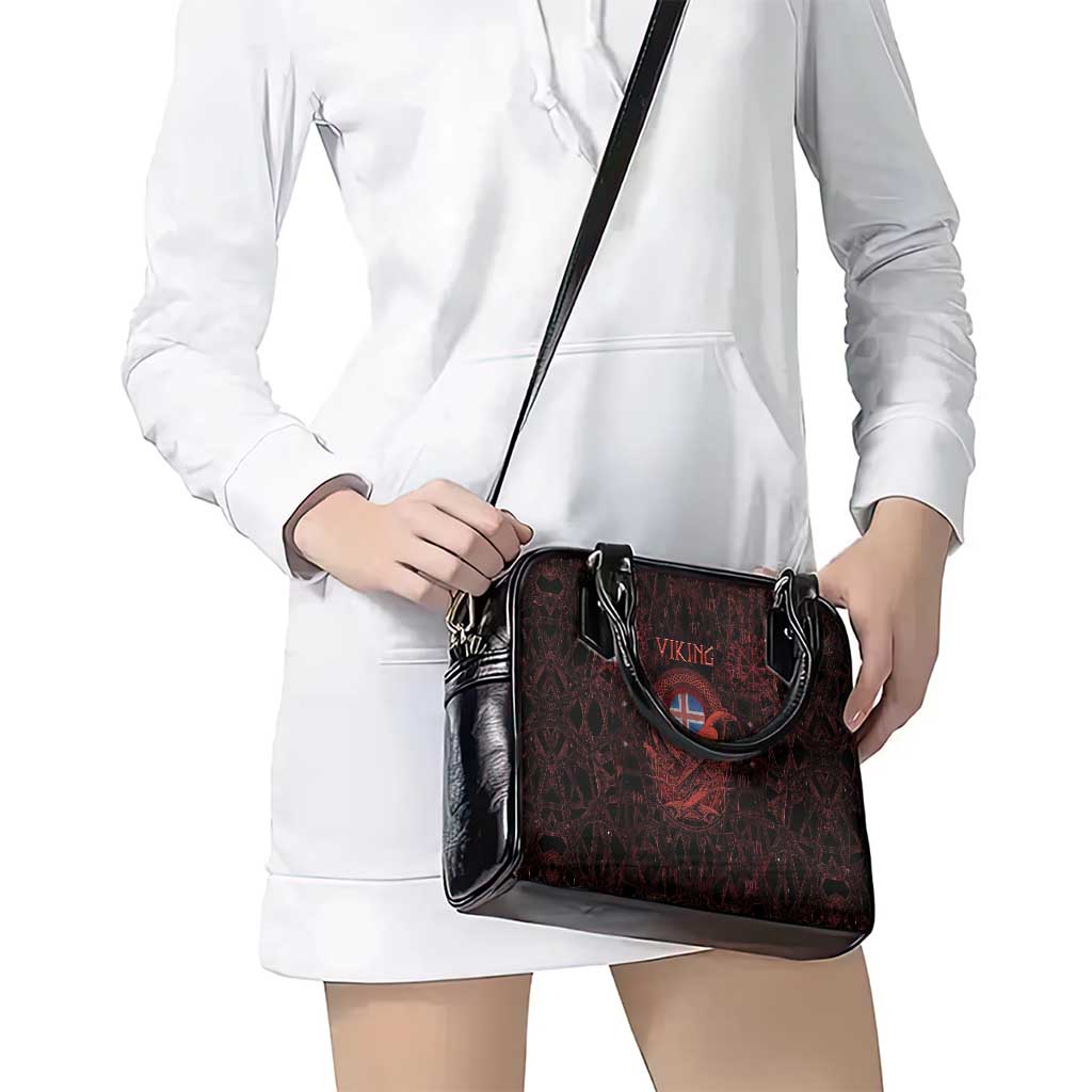 Iceland Vikings Shoulder Handbag Norse Runes with Raven and Longship Design Featuring National Flag TS04