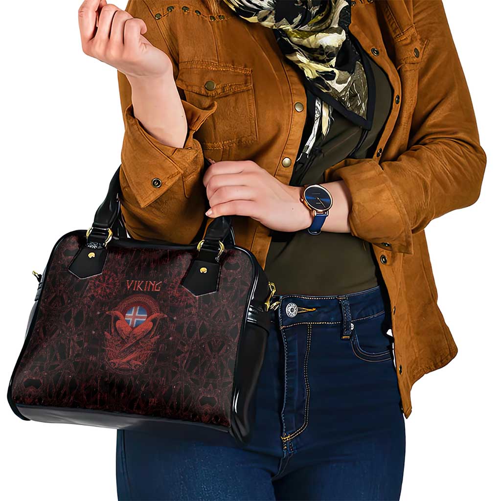 Iceland Vikings Shoulder Handbag Norse Runes with Raven and Longship Design Featuring National Flag TS04