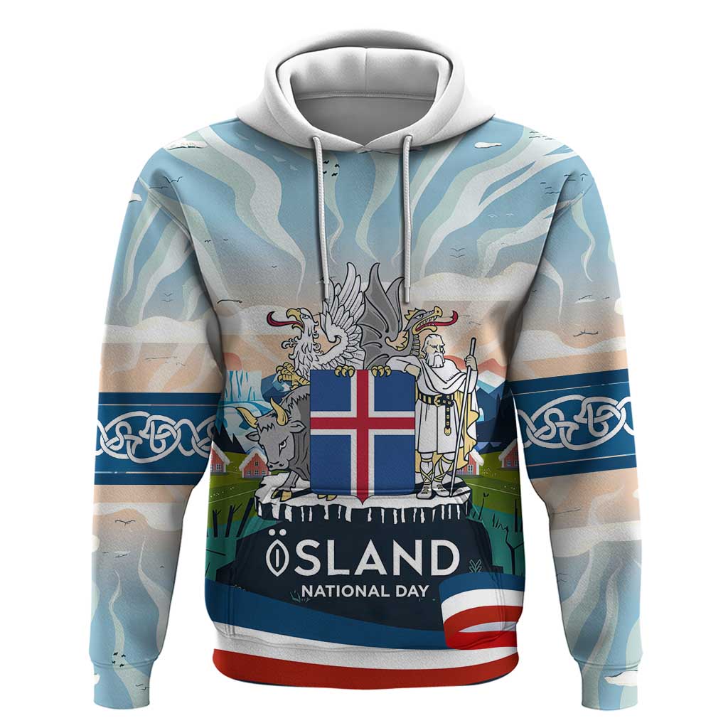 Iceland National Day Hoodie with Icelandic Flag Crest and Scenic Landscape Design TS04