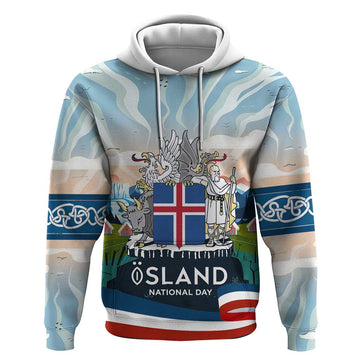 Iceland National Day Hoodie with Icelandic Flag Crest and Scenic Landscape Design TS04