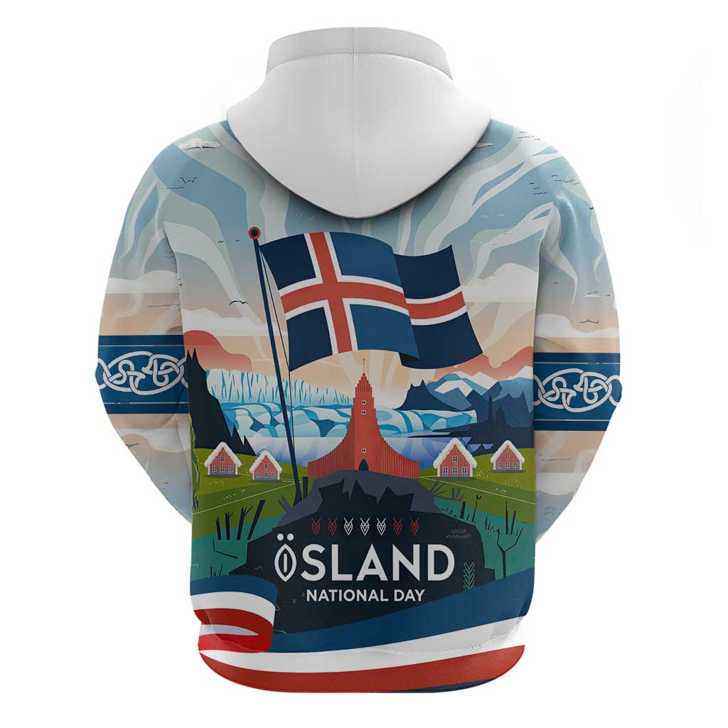 Iceland National Day Hoodie with Icelandic Flag Crest and Scenic Landscape Design TS04