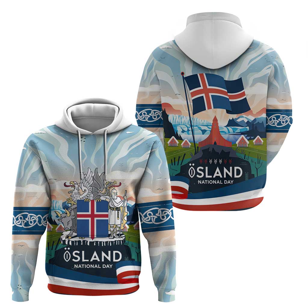 Iceland National Day Hoodie with Icelandic Flag Crest and Scenic Landscape Design TS04