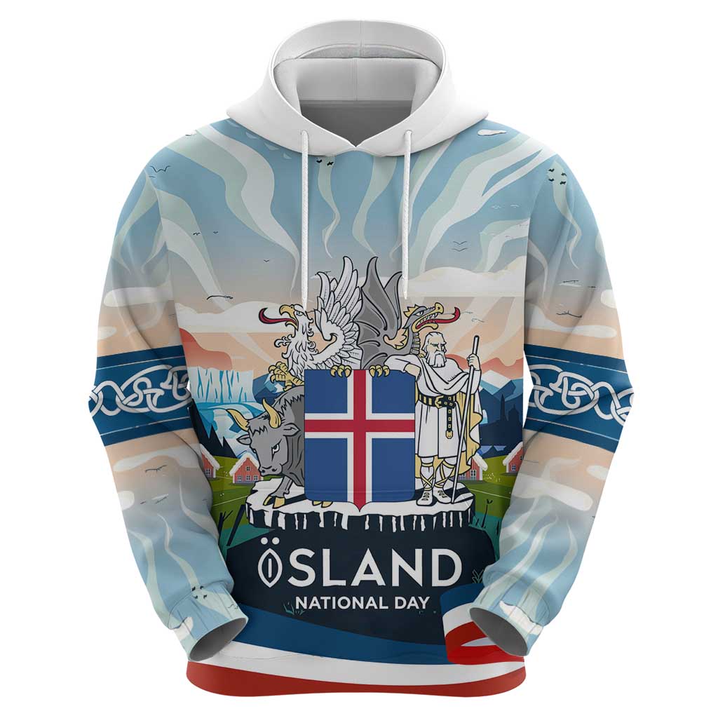 Iceland National Day Hoodie with Icelandic Flag Crest and Scenic Landscape Design TS04
