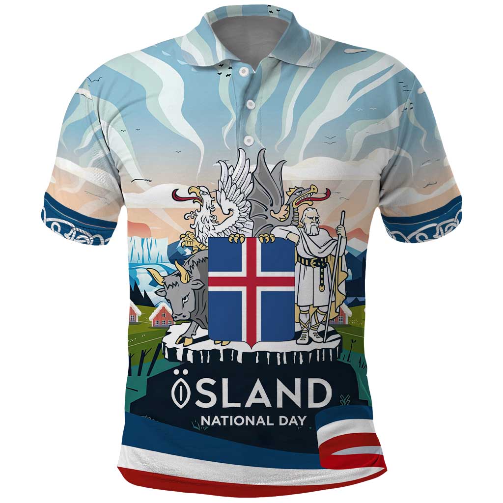 Iceland National Day Polo Shirt with Icelandic Flag Crest and Scenic Landscape Design TS04