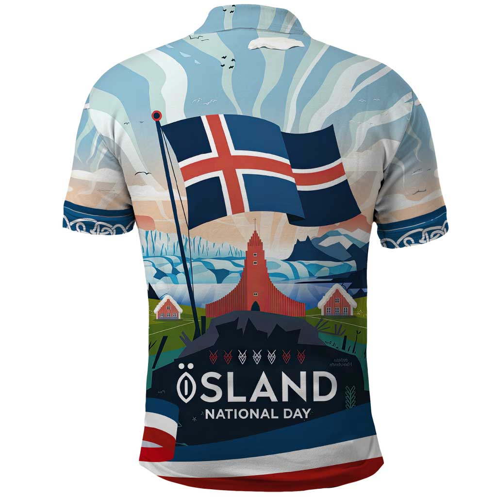 Iceland National Day Polo Shirt with Icelandic Flag Crest and Scenic Landscape Design TS04