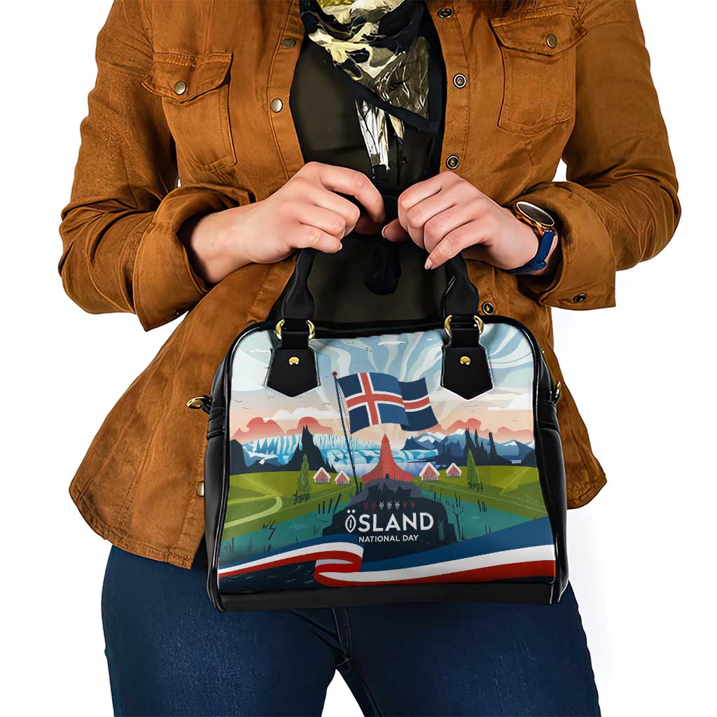Iceland National Day Shoulder Handbag with Icelandic Flag Crest and Scenic Landscape Design TS04