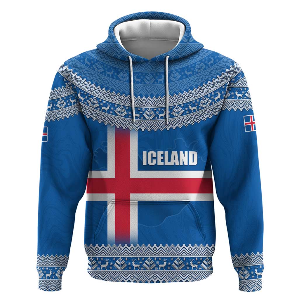 Iceland Flag Hoodie with Icelandic Crest and Traditional Nordic Knit Pattern Design TS04